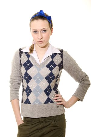 Portrait of a young  beautiful  fashionable girl over whiteの写真素材