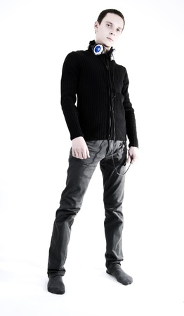 Young man with headphones over whiteの写真素材
