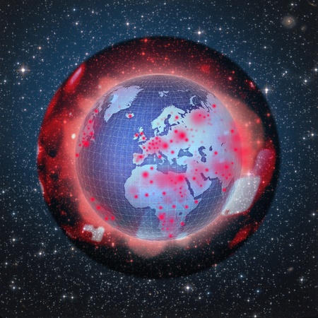 Graphic illustration of Earth inside dark coating. War, pollution, danger concept