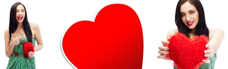 Young happy smiling woman with heart symbol, isolatedの写真素材