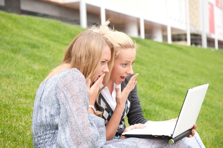 Portrait of two smiling women using laptop on a green meadow at the city parkの写真素材