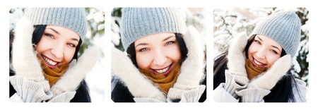 Three Portraits of young beautiful girl outdoors in winter having fun and looking at camera. Wearing warm clothesの写真素材