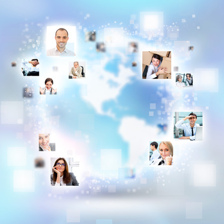 Photo of business people are glowing at world map. International business communication conceptの写真素材