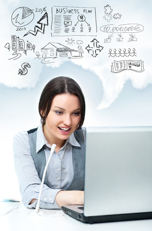 Pretty woman support call center specialist working. Graphic symbols of her explanations and suggestions overheadの写真素材