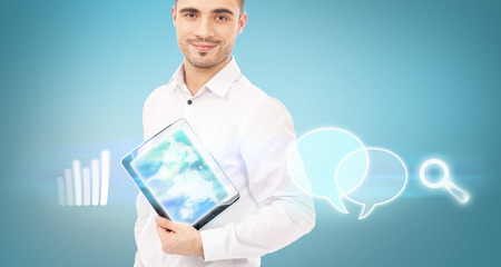 Business man working with his modern computer and virtual interface. Merge of technologies conceptの写真素材