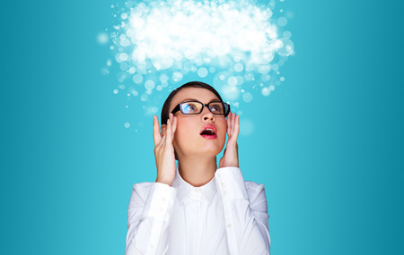 Adult business woman working at virtual office. Digital century and modern technologies conceptの写真素材