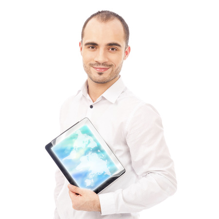 Man showing tablet computer screen smiling isolated on white backgroundの写真素材