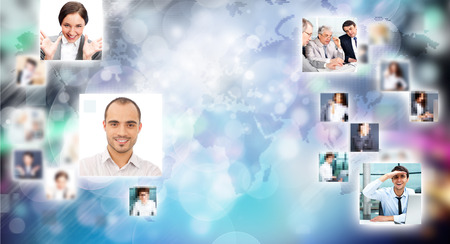 Photo of business people are glowing at world map. International business communication concept