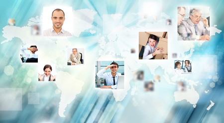 Photo of business people are glowing at world map. International business communication conceptの写真素材