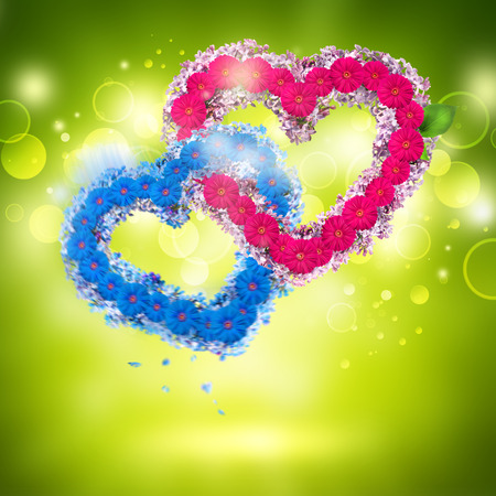 Valentine background: two hearts made of flowersの写真素材