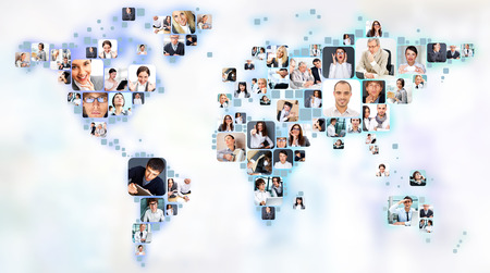 Collection of different people portraits placed as world map shape Collection of different people portraits placed as world map shape