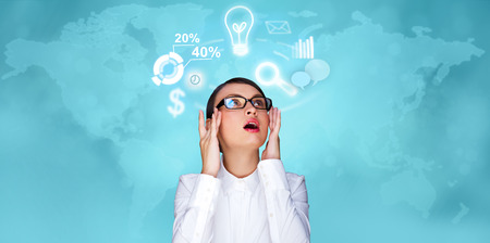Adult business woman working at virtual office. Digital century and modern technologies conceptの写真素材