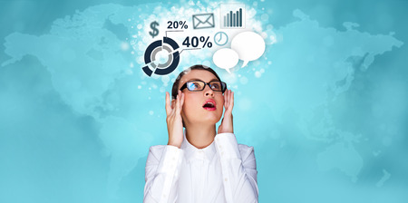 Adult business woman working at virtual office. Digital century and modern technologies conceptの写真素材