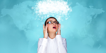 Adult business woman working at virtual office. Digital century and modern technologies conceptの写真素材