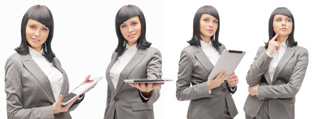 Business woman holding tablet computer isolated on white background  Working on touching screen set の写真素材