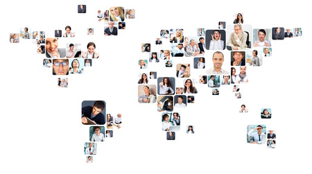 Collection of different people portraits placed as world map shape