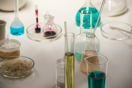 Laboratory glassware with liquidの写真素材