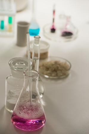 Laboratory glassware with liquidの写真素材