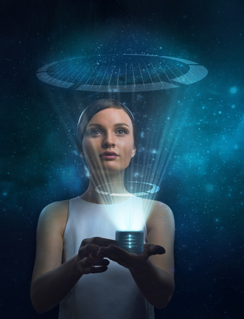 Image of businesswoman of the future working with media screenの写真素材