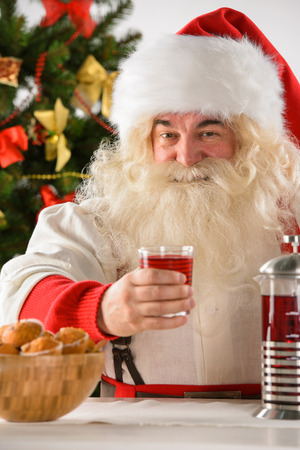 Portrait of happy Santa Claus at home looking at camera while eating cookies and drinking teaの写真素材