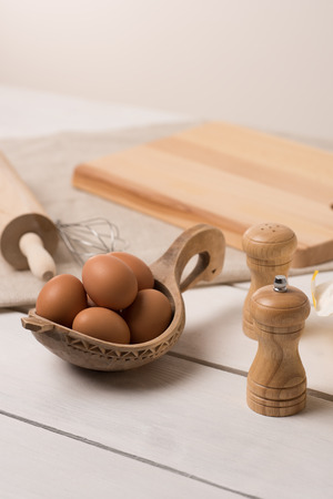 Ingredients for dough on white wooden tableの写真素材
