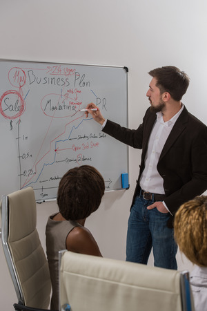 Business meeting at office. Handsome man presenting charts on whiteboard to team. Multi ethnic group of peopleの写真素材