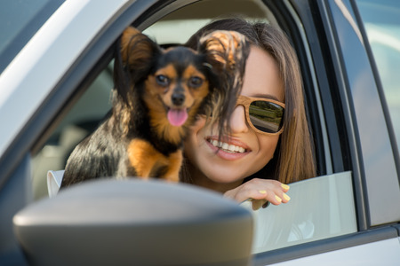 Woman and dog in car on summer travel. Funny dog traveling. Vacation with pet concept.の写真素材