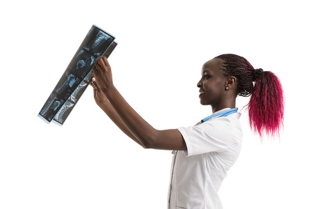 Closeup portrait of intellectual african woman healthcare doctor with white labcoat, looking at neck...
