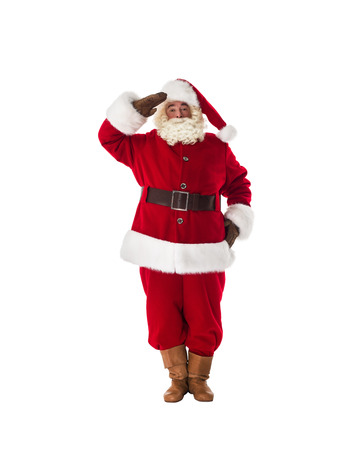 Santa Claus military respect and ready to serve Full Length Portrait. Isolated on White Backgroundの写真素材