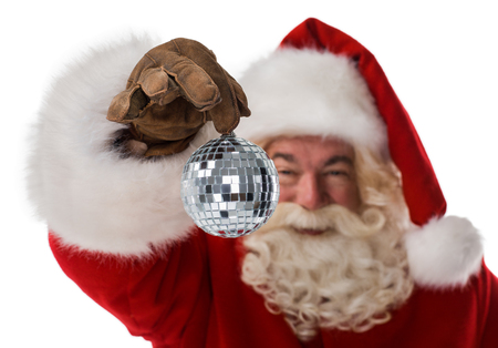 Santa Claus holding disco ball Closeup Portrait Isolated on White Backgroundの写真素材