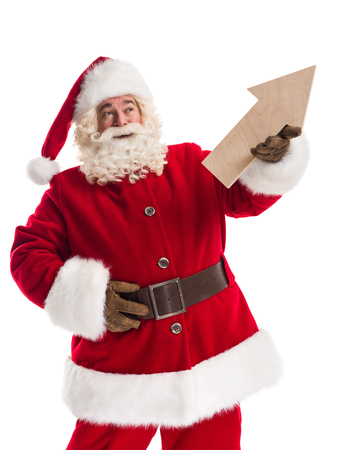 Santa Claus holding wooden arrow Closeup Portrait Isolated on White Backgroundの写真素材