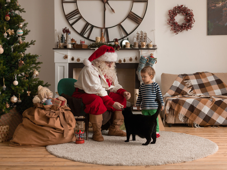 Santa Claus Playing at Home with Child and Catの写真素材
