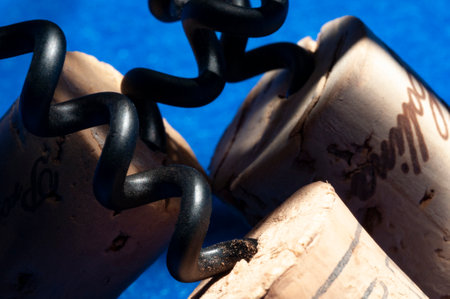 Extreme close up view of three corkscrews at the bar setの写真素材