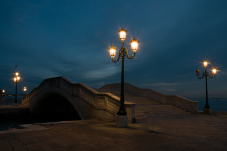 The Istrian stone bridge in Venice during sunset light in Christmas timeの写真素材
