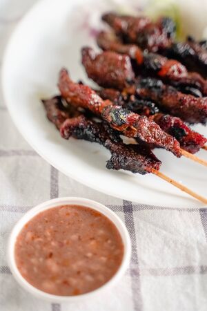 Beef Satay on the plate with Onion, Ketupat and Cucumberの写真素材