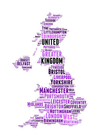United Kingdom map and words cloud with larger cities United Kingdom map and words cloud with larger cities
