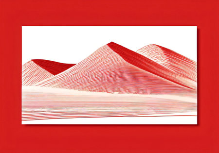 Abstract background with mountains and clouds in red and white colors. Vector illustration