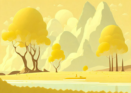 Landscape with a boat in the sea. Paper cut style.の写真素材