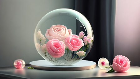 3d render of a crystal ball with pink roses and white flowersの写真素材