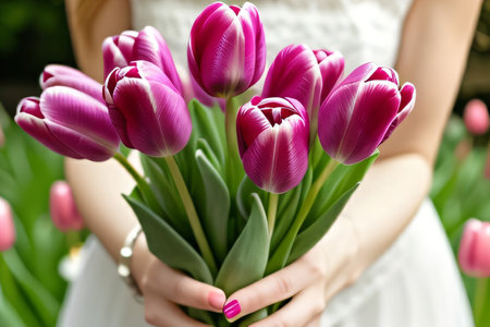 Beautiful bouquet of purple tulips in the hands of a girlの写真素材