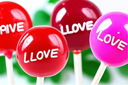 Love and Love text on red lollipops on white backgroundの写真素材