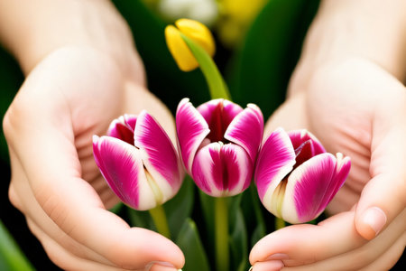 Close-up of female hands holding tulip flowers with copy spaceの写真素材