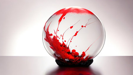 A crystal ball with red paint splashes on a white background.の写真素材
