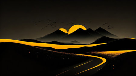Illustration of a road through the desert with mountains in the backgroundの写真素材