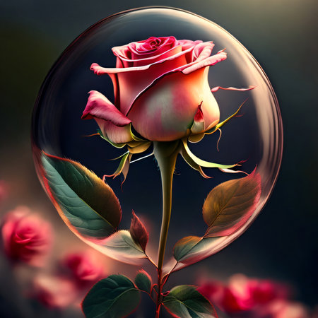Beautiful red rose in a transparent bubble on a dark background.の写真素材