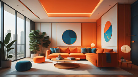 Modern living room interior with orange walls, wooden floor, orange sofa and round coffee table. 3d...