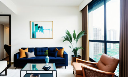 Interior of a modern living room with blue sofa and coffee table