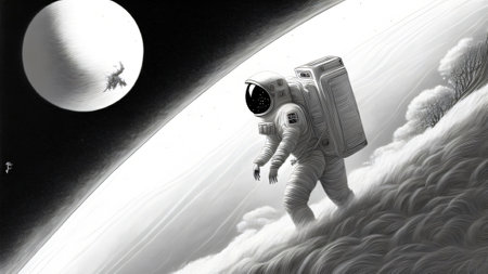 Astronaut in outer space with the moon in the backgroundの写真素材