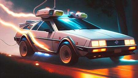 3D rendering of a police car on the road with lights and smokeの写真素材