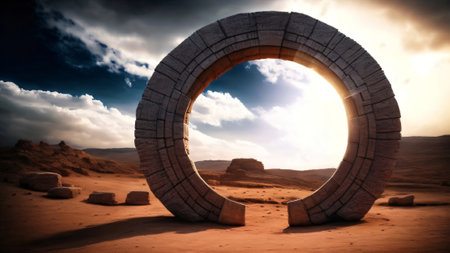 3d rendering of an arch in the desert at sunset.の写真素材